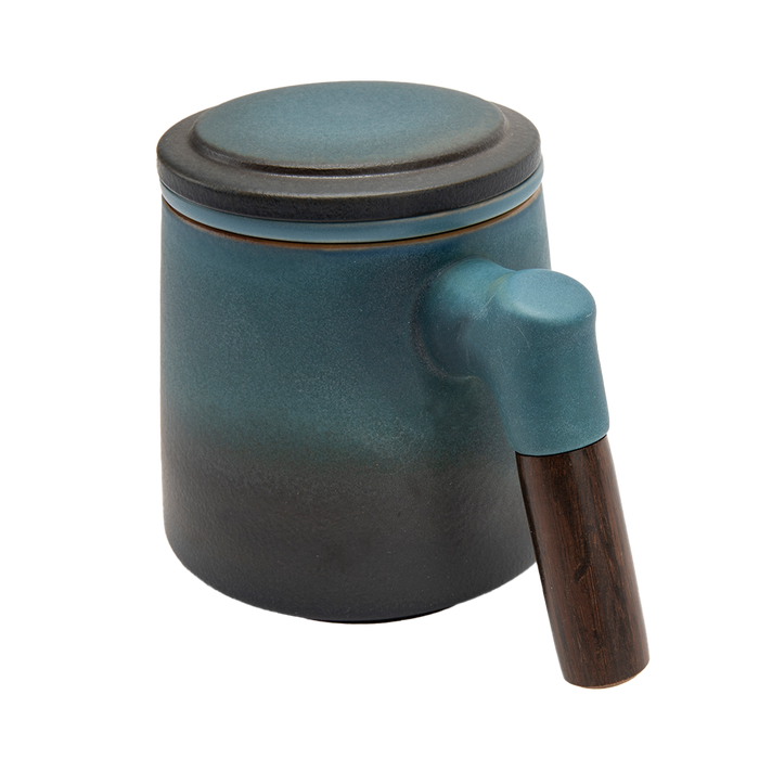 Blue Tea Infuser Cup with Lid and Wooden Handle