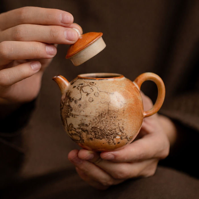 Person holding a ceramic teapot with a lid, against a dark background