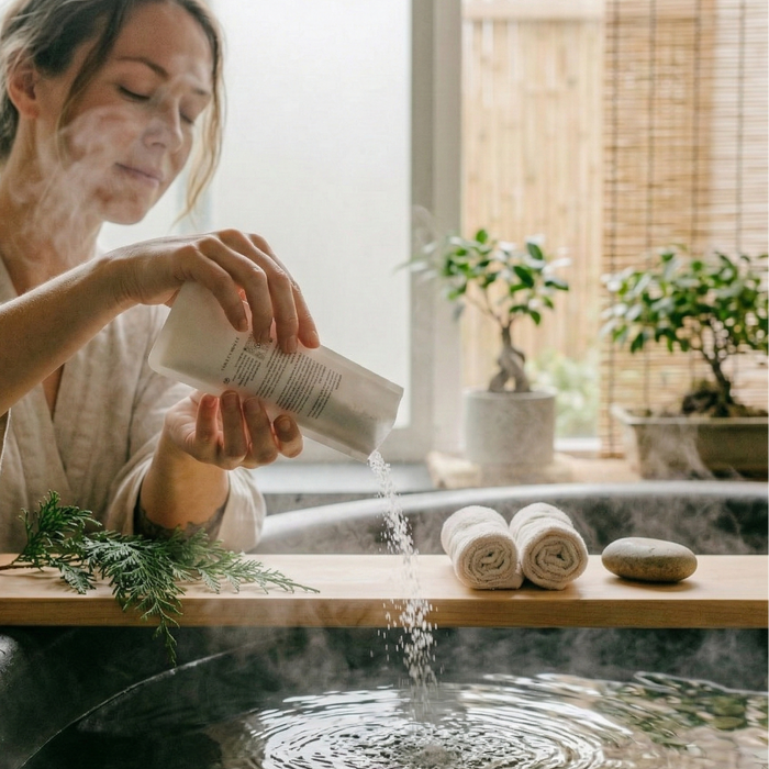 Woman in a bathrobe pouring water into a hot tub with towels and plants in the background