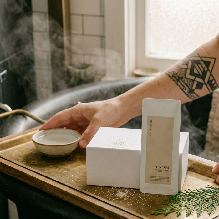 Person holding a tray with Hinoki products in a bathroom setting