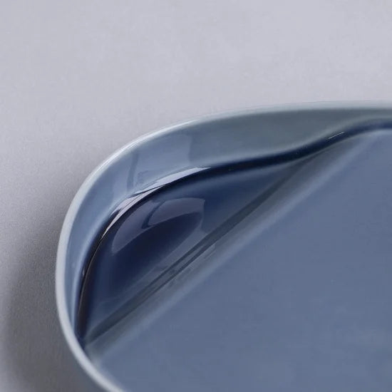 Close-up of a blue ceramic plate on a light gray background