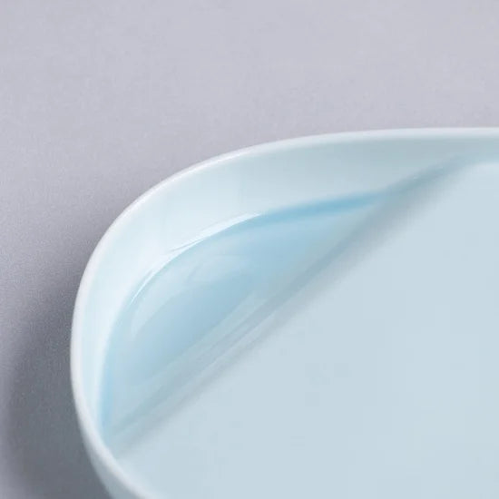 Close-up of a light blue ceramic plate on a matching background