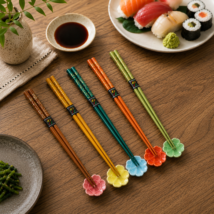 Lifestyle image of sushi and chopstick set on a wood table.