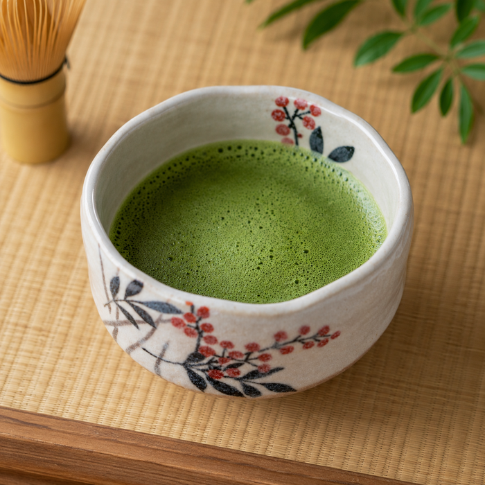 A ceramic matcha bowl filled with green matcha tea, placed on a woven straw mat with a bamboo whisk and green leaves in the background.