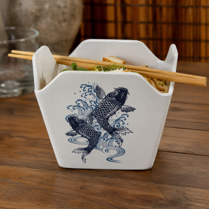 Reusable Takeout Box with koi fish artwork on the front, and filled with ramen noodles.