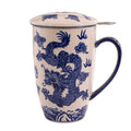A tall ceramic mug with a matching lid and metal tea infuser, decorated with a blue dragon and cloud pattern on a cream-colored glaze, isolated on a white background.