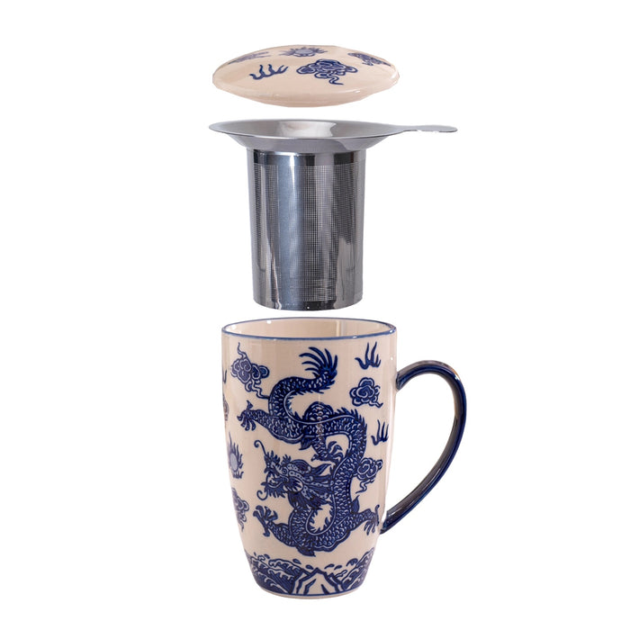 Decorative mug with dragon design, metal tea infuser, and lid on a white background
