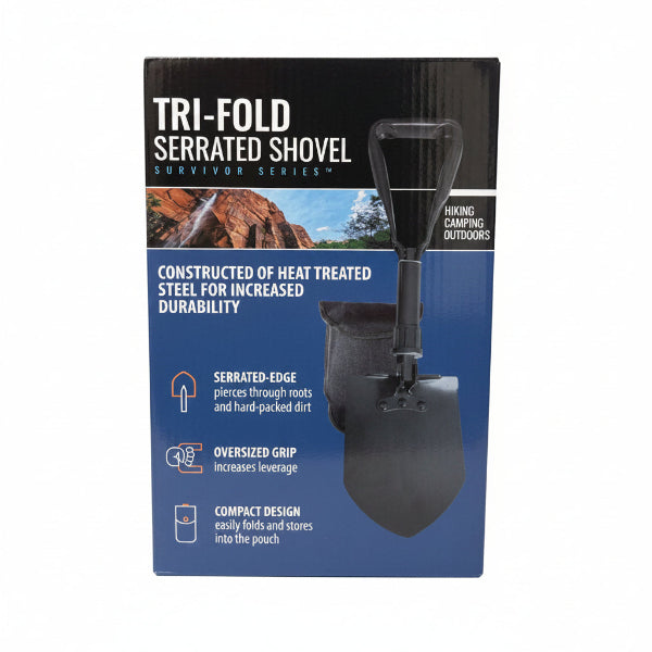 Tri-Fold Serrated Shovel Survivor Series in its retail packaging, featuring a black and blue box with product details and a graphic of the shovel.