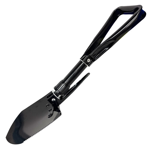 A black tri-fold hand shovel fully extended with a serrated edge blade, a pick and ergonomic handle, shown on a plain white background.