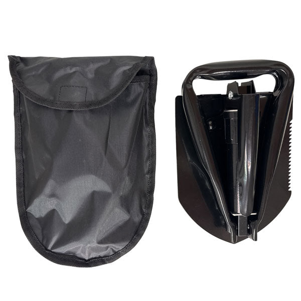 a tri-fold shovel fully collapsed next to its matching black nylon carrying pouch on a plain white background.