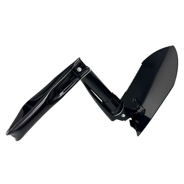 A black tri fold hand shovel with a glossy finish, shown in its semi folded position against a plain white background.