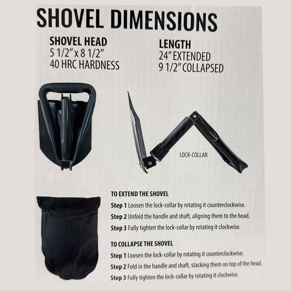 Shovel dimensions and care instructions graphic showing the shovel head measurements, extended and collapsed length, lock-collar detail, and a black storage pouch, with step-by-step extension and collapse instructions on a light background.