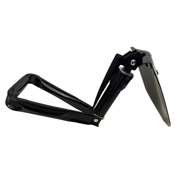 The side view of a black metal tri-fold shovel, shown partially open against a plain white background.
