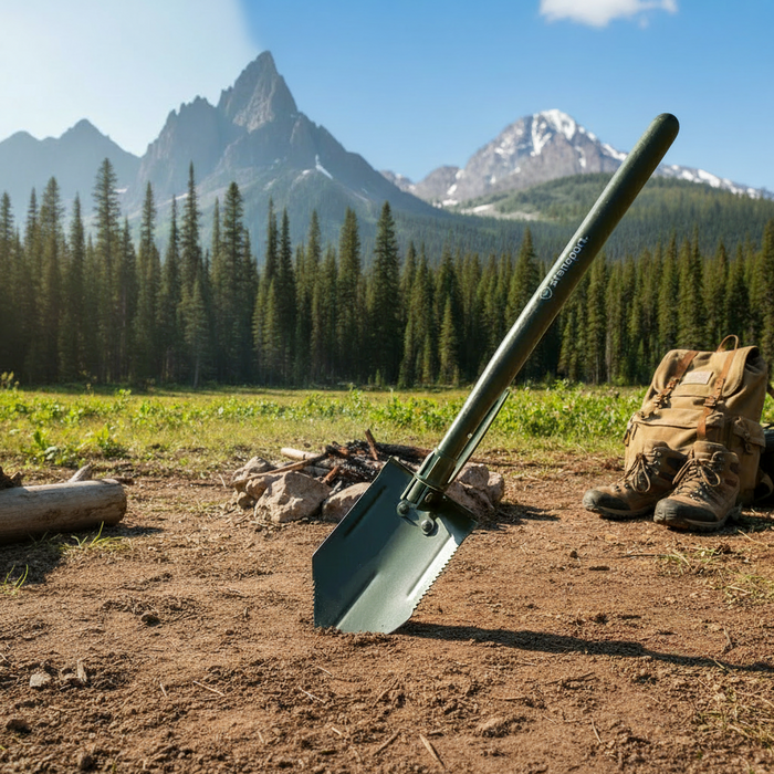 An olive green tactical shovel with a wooden handle  shown in a mountainous forest setting, digging in dirt ground next to hiking boots and a backpack.