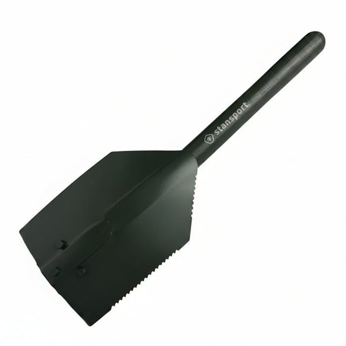 A olive green tactical shovel with a serrated edge and a wooden handle, featuring the brand name 'stansport' printed on the handle, shown against a plain white background.