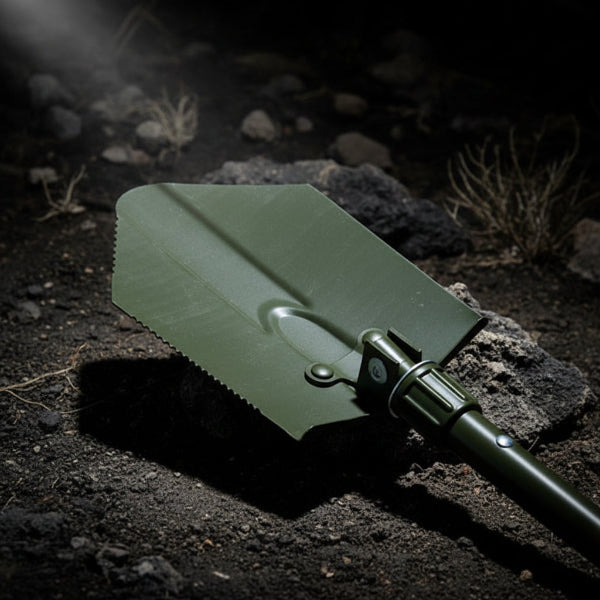 Close-up of the back of a folding shovel or spade blade with overlaid callouts reading 'Serrated Edge' and 'Steel Collar Locks Blade in Place' on a tan background.