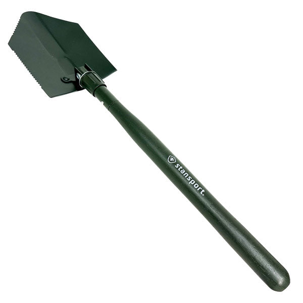 An olive green metal shovel with a serrated blade and a matching green handle, featuring the 'Stansport' logo printed on the handle, set against a plain white background.
