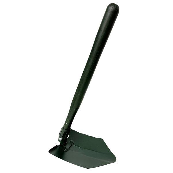 An olive green folding shovel with a wooden handle and triangular blade, shown on a plain white background.