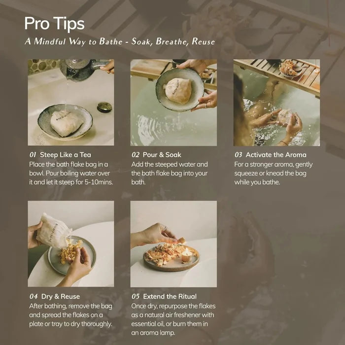Instructions for using bath flakes with text on a blurred background