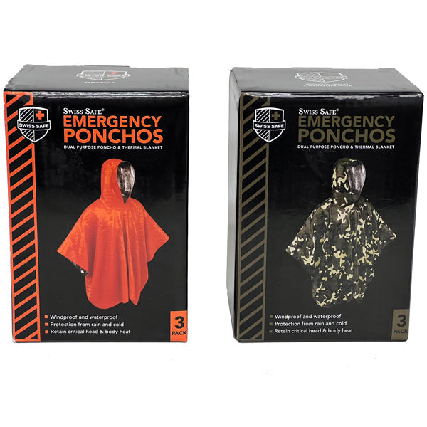 SWISS SAFE® 3PACK EMERGENCY PONCHOS AND THERMAL BLANKET