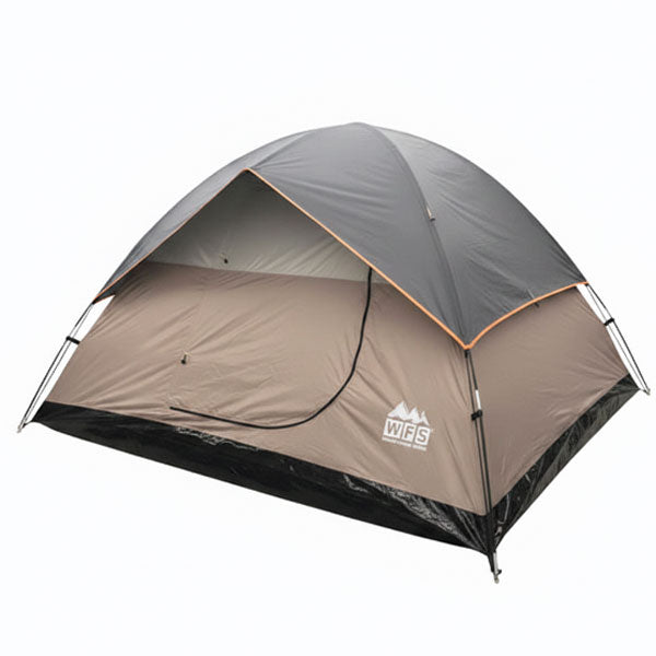 A dome-style camping tent in tan with a gray rain-fly and black floor, shown at a left angle on a plain white background.