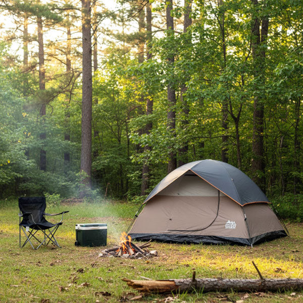A dome-style camping tent shown in a wooded area with a campfire a chair and a cooler.