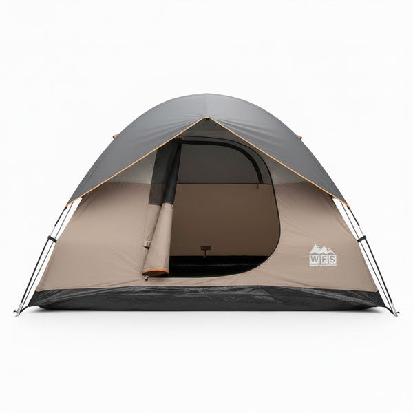 A dome-style camping tent in tan with a gray rain-fly and black floor, shown, front view with the door open  on a plain white background.